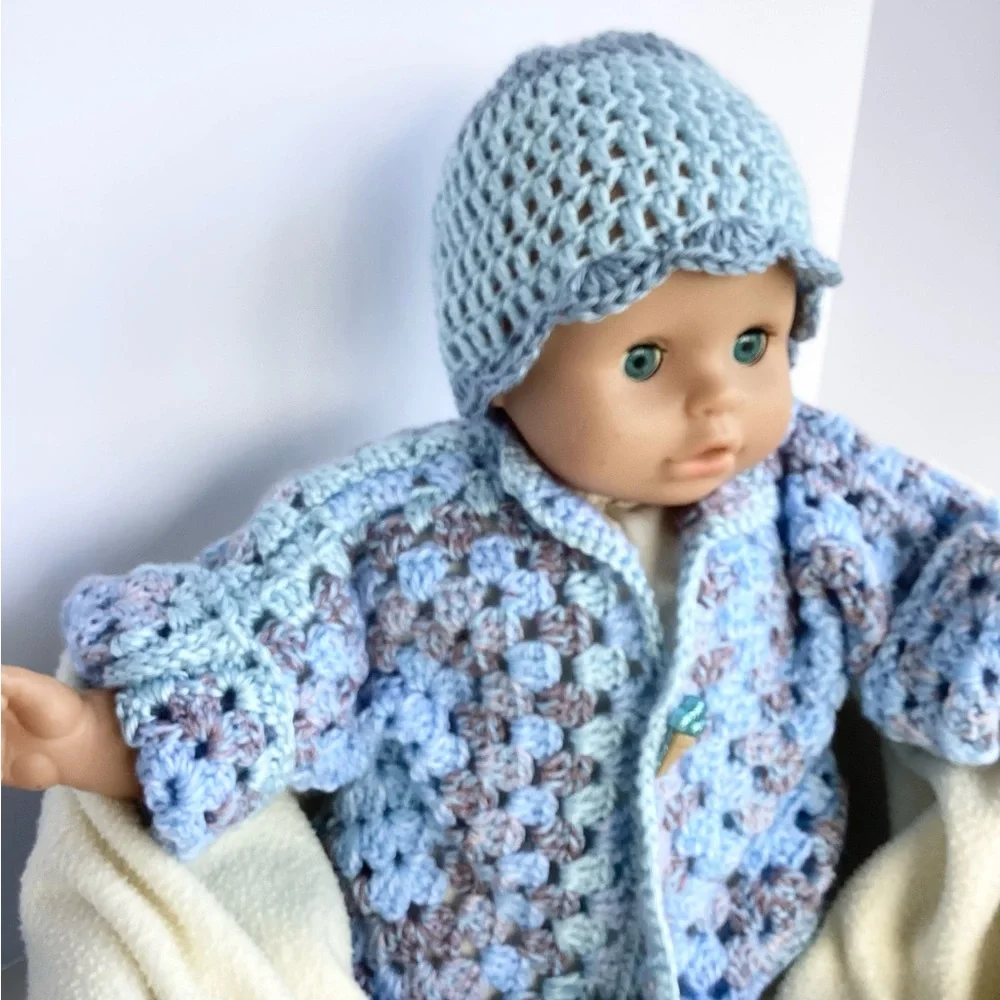 Sweater Beanie Hat Set Hand Crafted Baby Blue Tan Kimono